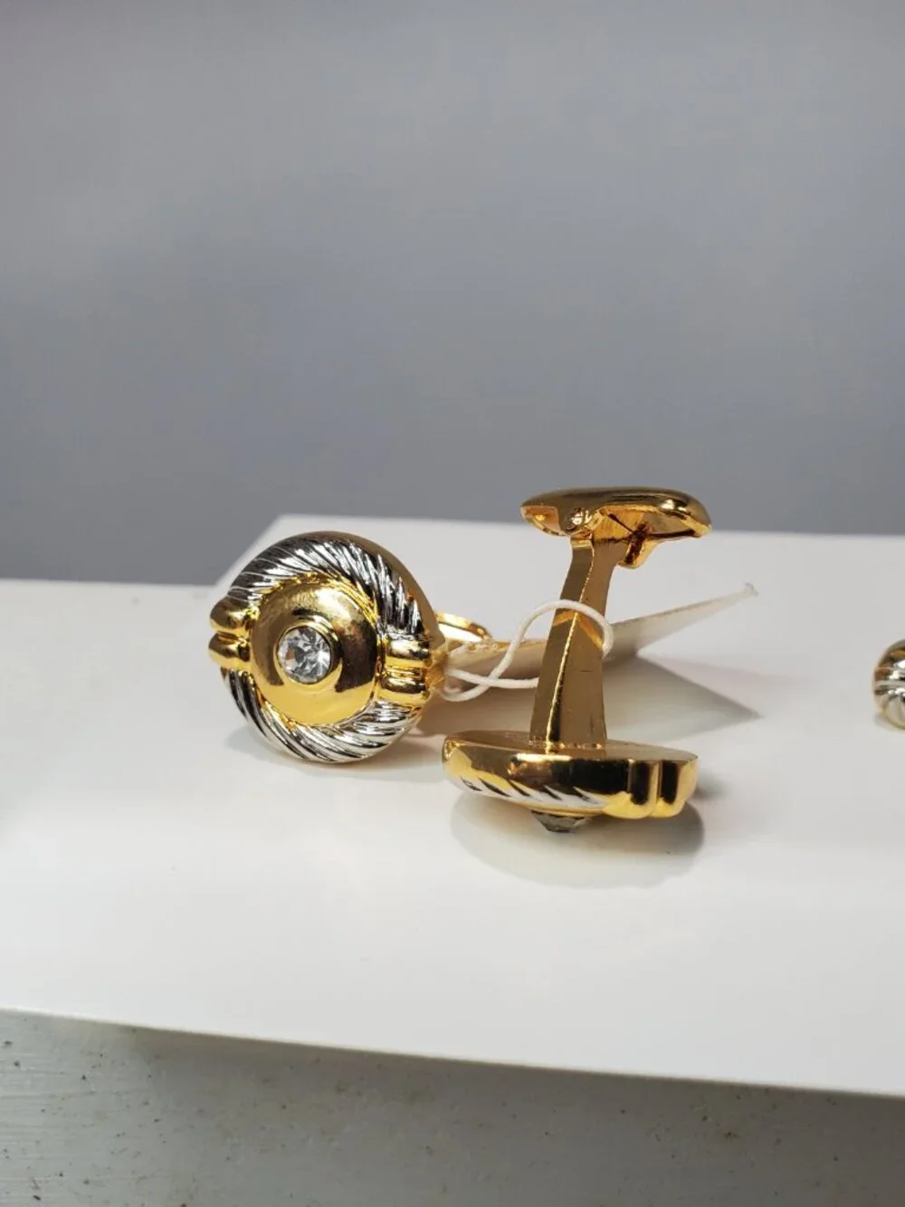 14K Gold-Plated Brass with Rhinestones Tie Clip & Cufflinks 3 Pc Set